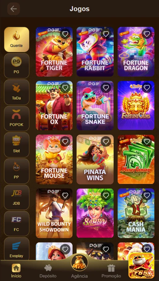 Tela do app f65.com com jogos de cassino ao vivo